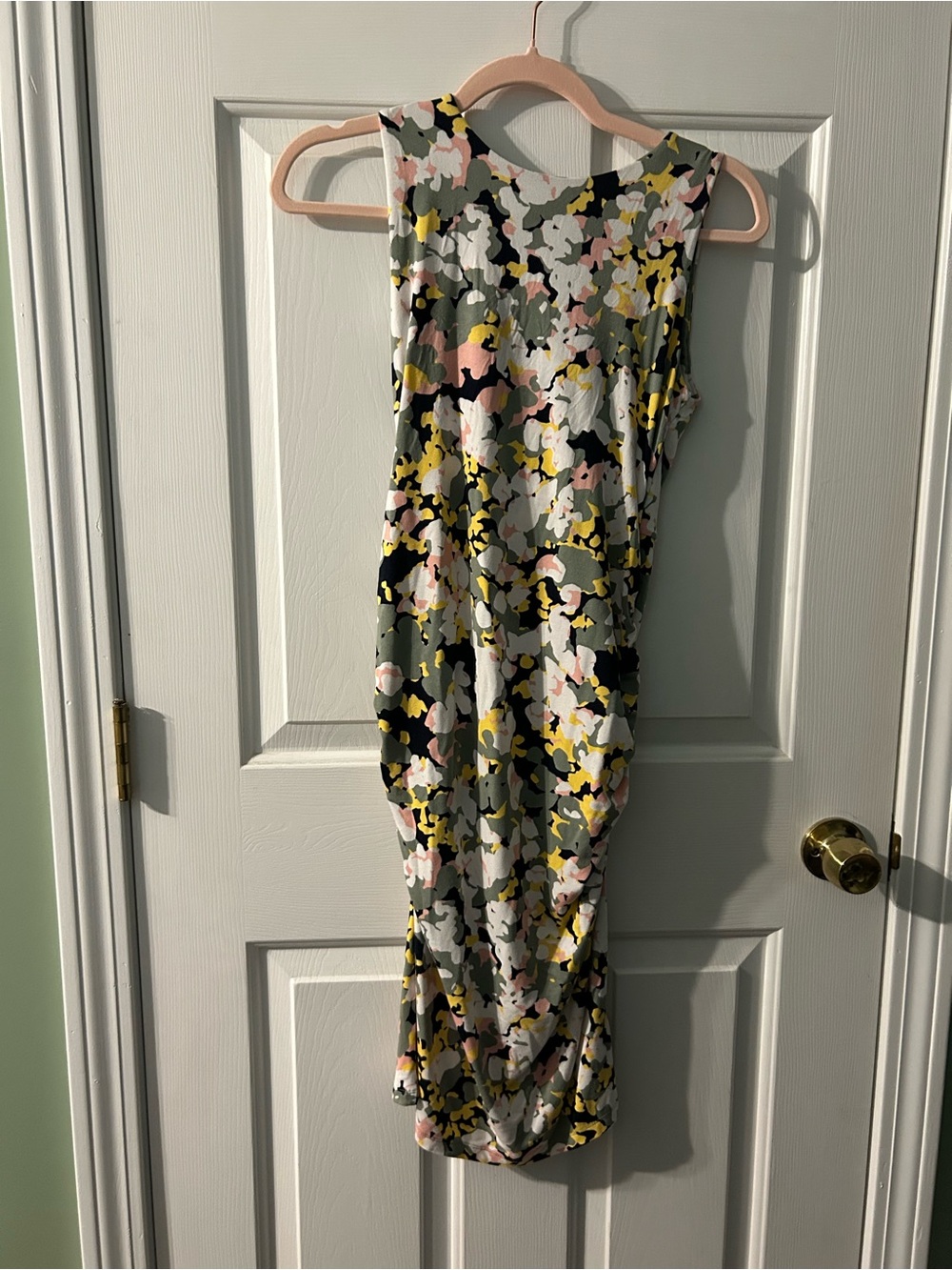 A Pea In The Pod Sleeveless Floral Maternity Dress in Gray/Green, Pink & Yellow